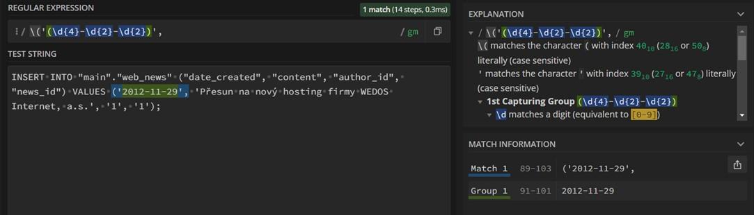 Analýza regulárního výrazu na regex101.com